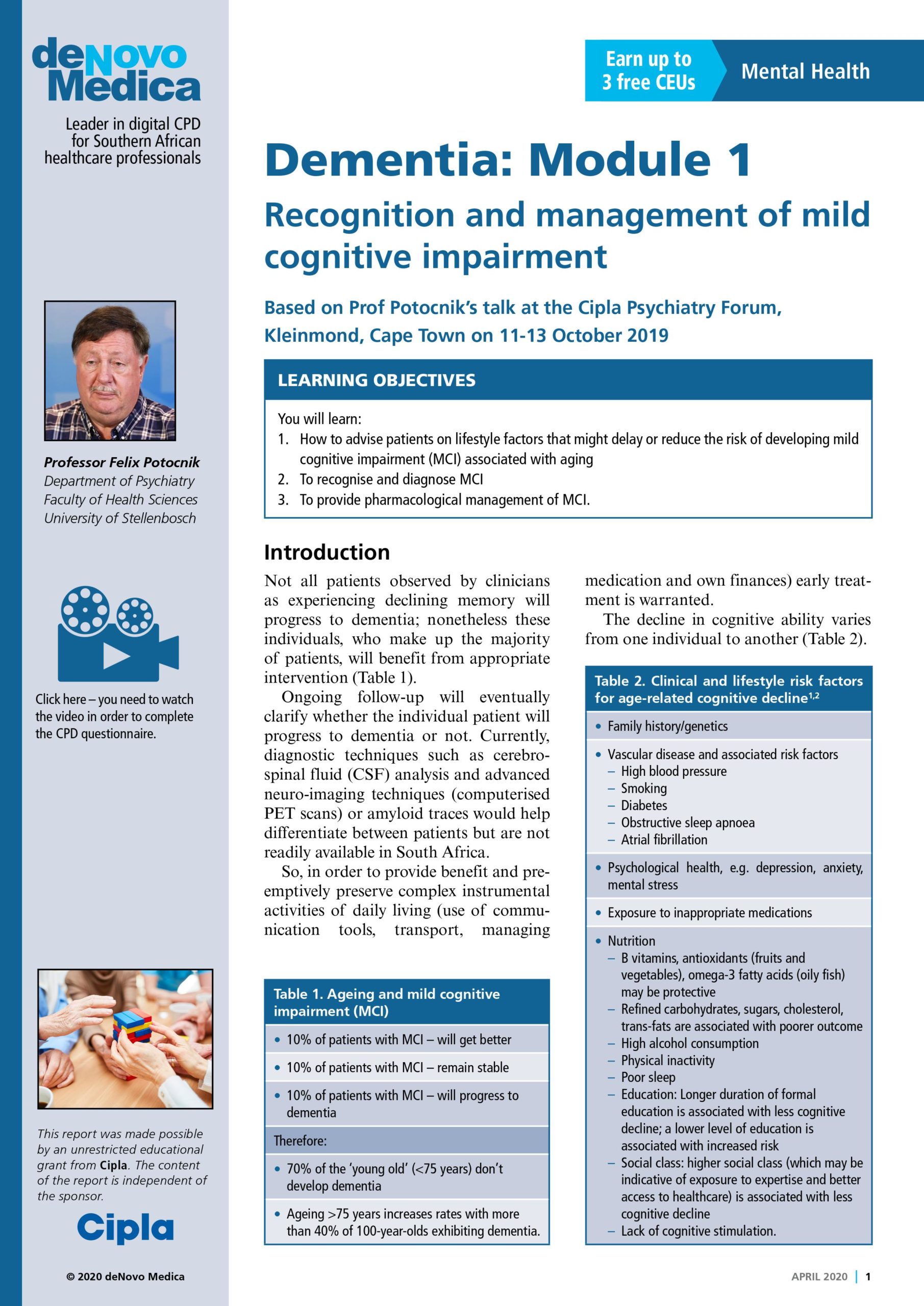Dementia: Module 1 Recognition and management of mild cognitive ...